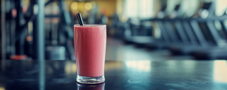 Een afvallen smoothie op de tafel in een gym.